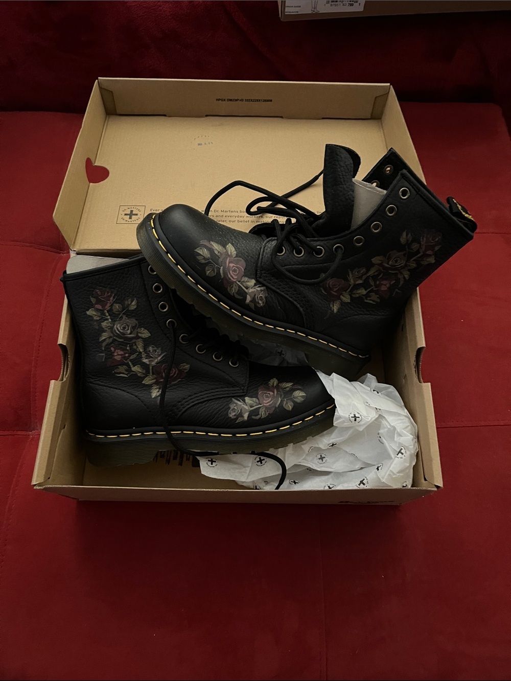 Dr. Martens Black Leather Floral Lace-Up Combat Boots
